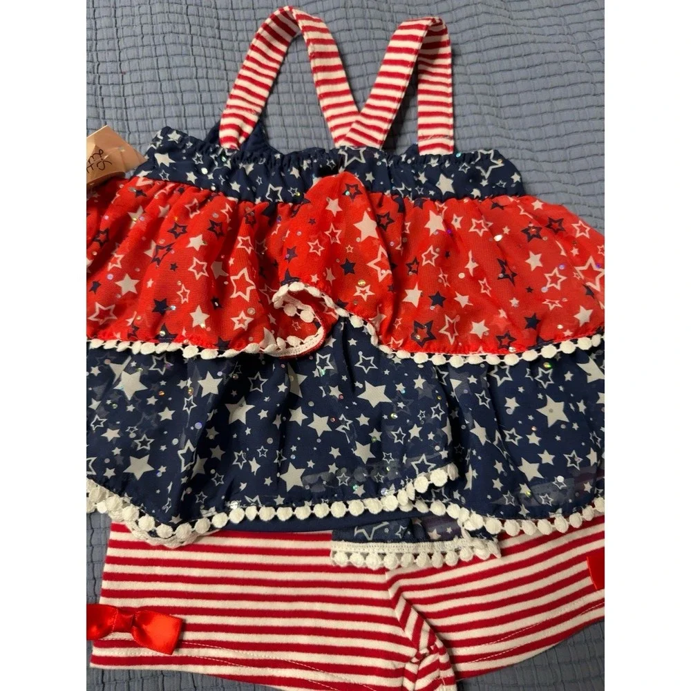 Little Lass Girls 2 Piece Patriotic Star Ruffle Outfit Set Sz 6 NWT 4th of July - Picture 3 of 8
